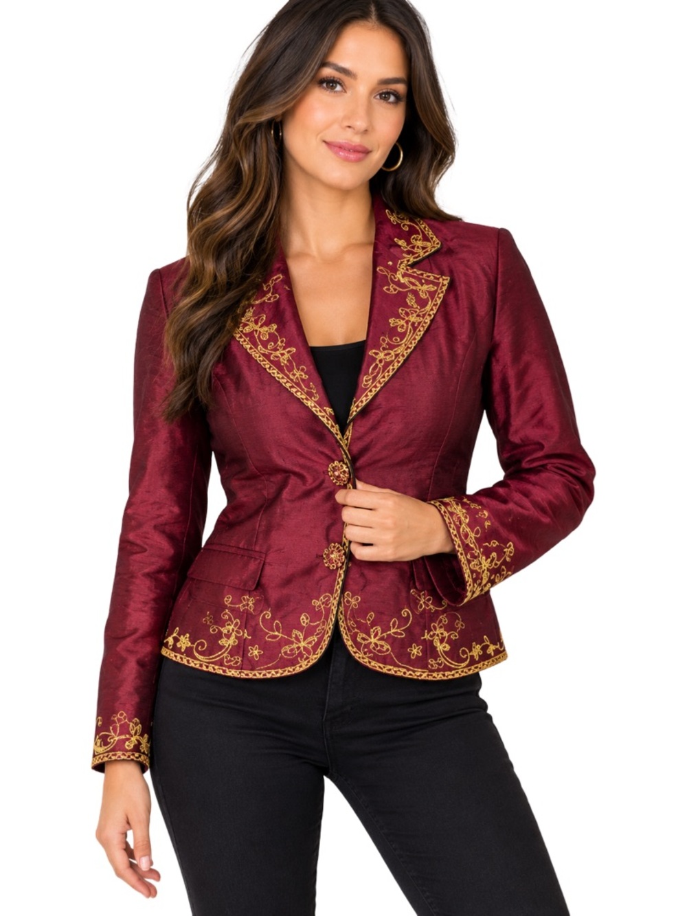 IXE Women Burgundy Silk Gold Embroidered Blazer Jacket M Dark Academia Baroque